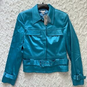 NWT CACHE Vintage Y2K Satin Teal Blue Belted Button Up Moto Jacket